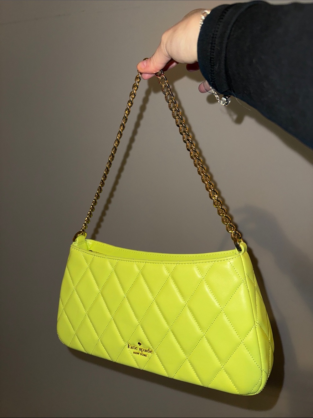 kate spade Quilted Shoulder Bag in Neon Yellow with Gold Chain
